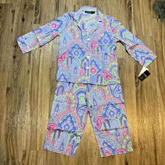 LAUREN RALPH LAUREN Black Label 2 Piece PJ Set Paisley Size‎ PS Petite Small NEW - Picture 1 of 12